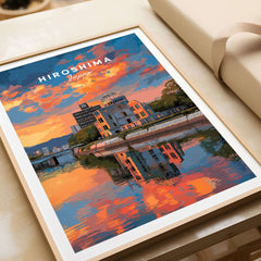 Hiroshima Japan Sunset Poster - Vibrant Sky Wall Art featuring colorful sunset reflections over the river.