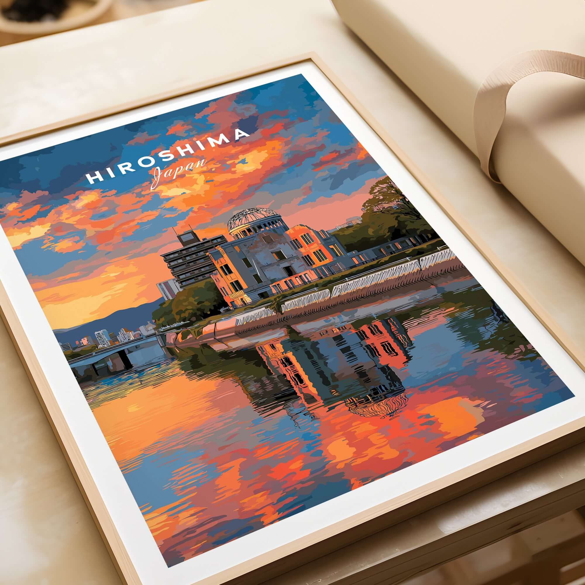 Hiroshima Japan Sunset Poster - Vibrant Sky Wall Art featuring colorful sunset reflections over the river.