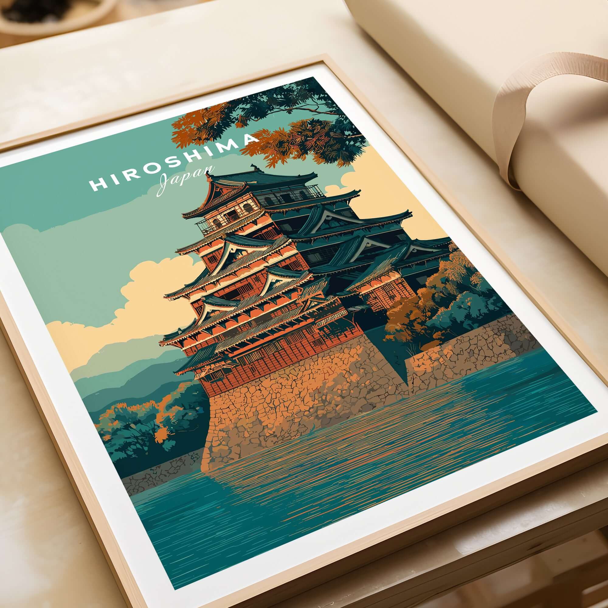 Hiroshima Print Japan - Historic Japanese Architecture Poster featuring traditional structures and scenic landscape.