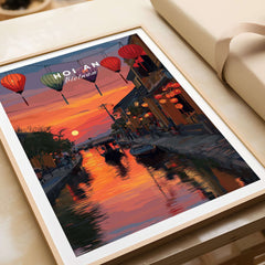 Hoi An Poster Vietnam Lantern Festival Sunset Print - Old Town Wall Art showcasing lanterns over a serene sunset river scene.