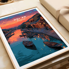 Hoi An Vietnam Poster - Ancient Town Wall Art featuring vibrant sunset over historic canal and traditional boats.