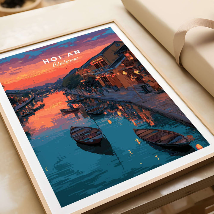 Hoi An Vietnam poster featuring a sunset over the ancient town's canal and boats, perfect wall art for home decor.
