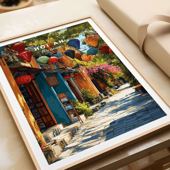 Vibrant Hoi An Vietnam poster showcasing colorful lanterns in UNESCO Old Quarter alley.