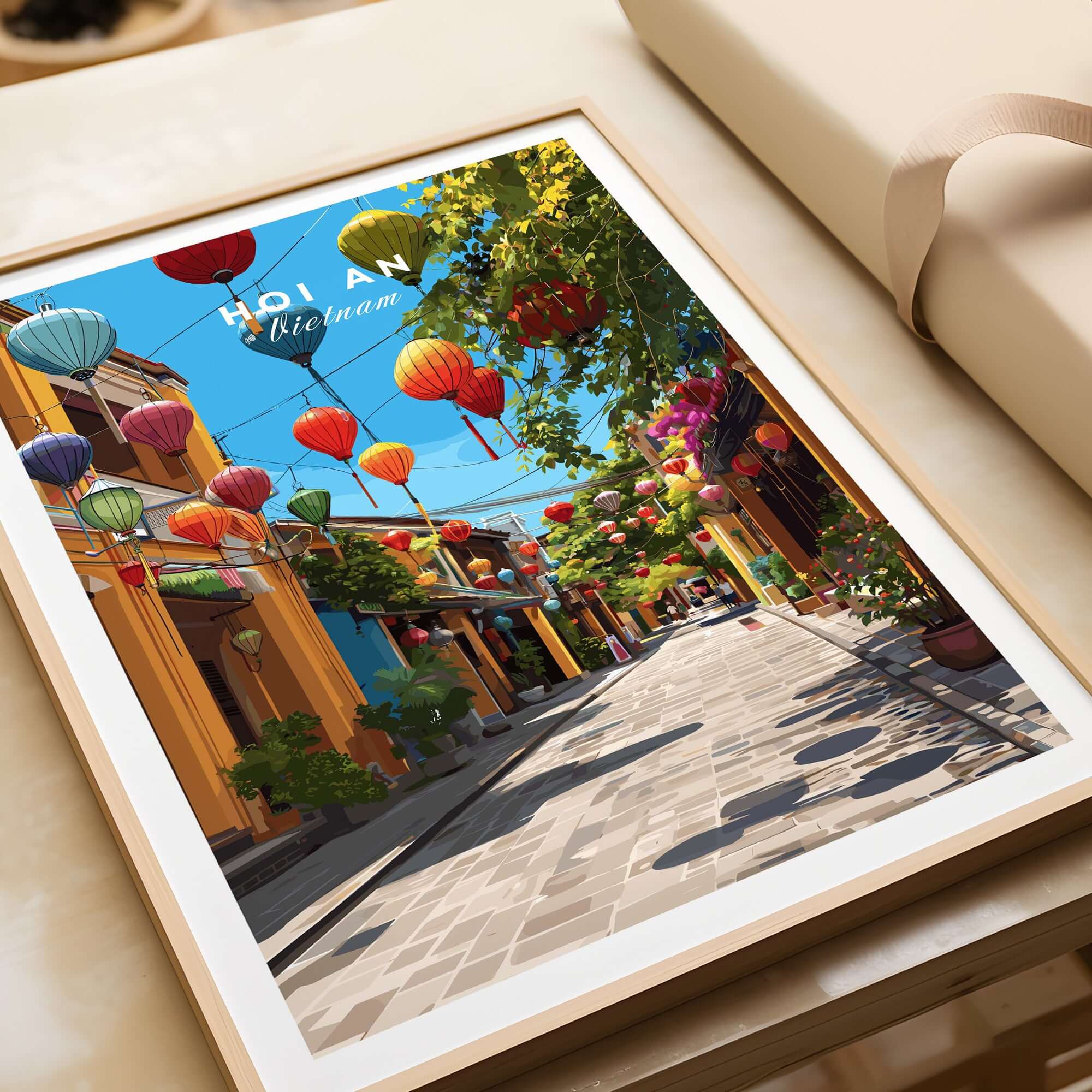 Hoi An Vietnam Colorful Lantern Street Poster - Ancient Town Hallway Print showcasing vibrant artsy alley with colorful lanterns.