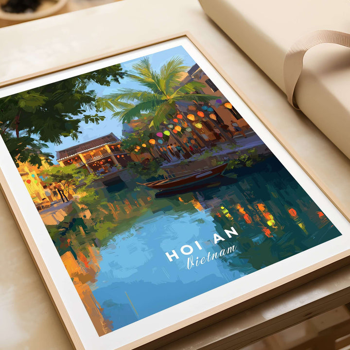 Hoi An Vietnam night print featuring vibrant lanterns and traditional architecture by the water.