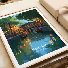 Hoi An Vietnam Poster - Iconic Landmark Print featuring a vibrant river scene with traditional boats and illuminated buildings.