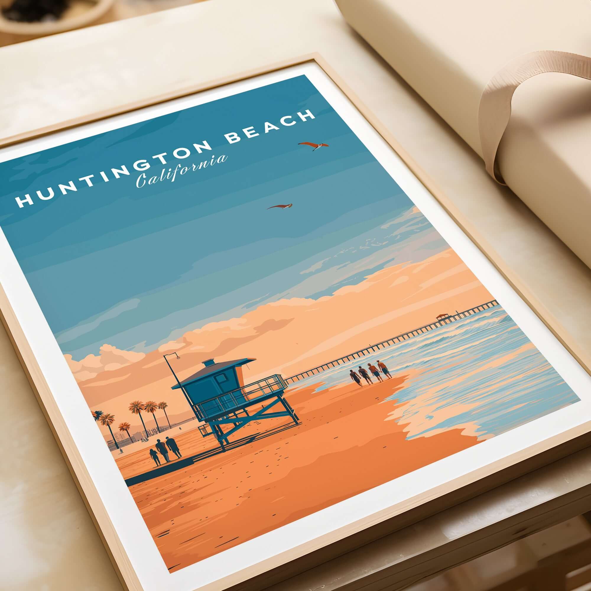 Huntington Beach Lifeguard Tower Print - California Sunset Wall Art in a stylish frame on a coastal scene.