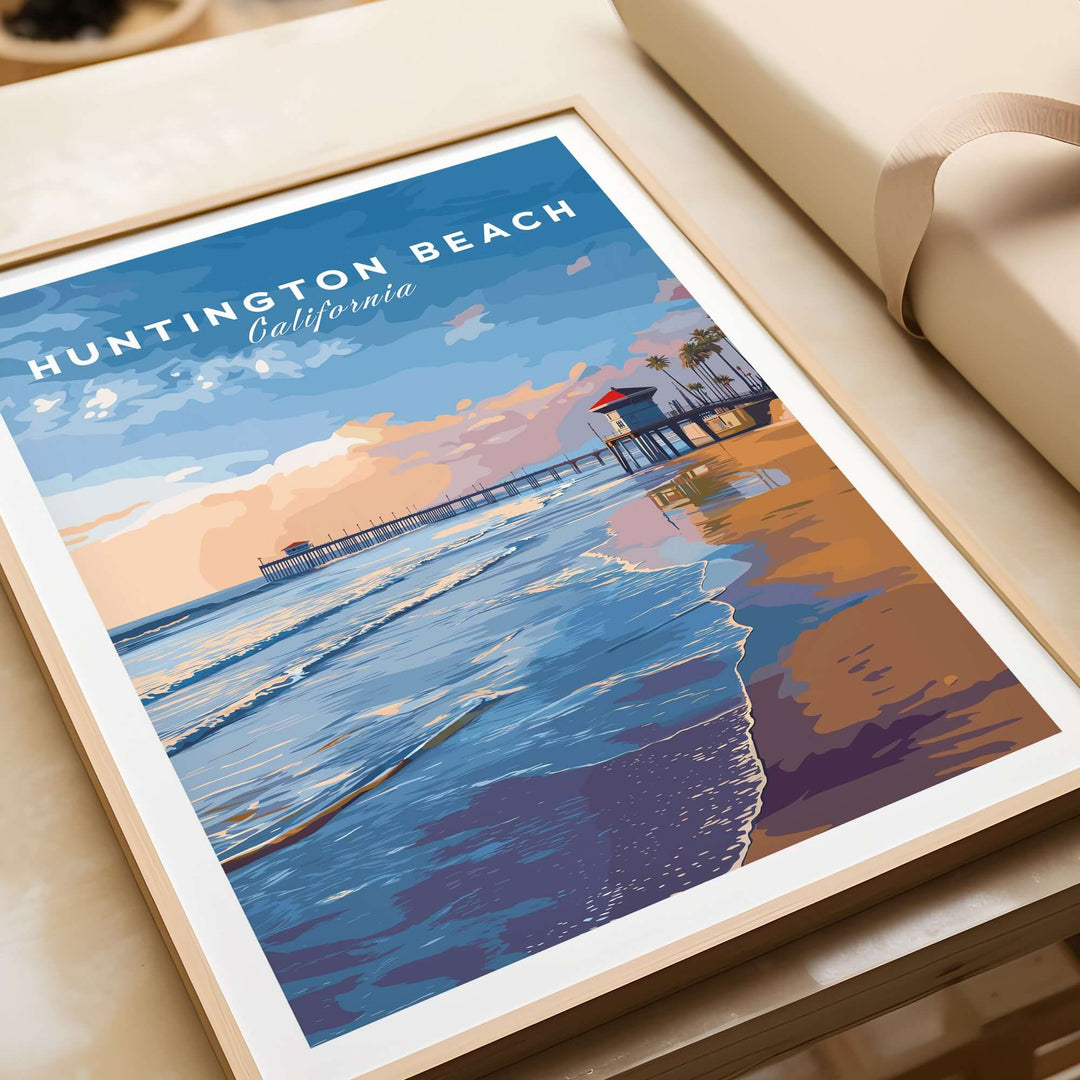 Huntington Beach Pier sunset poster showcasing vibrant coastal California colors and serene beach waves.