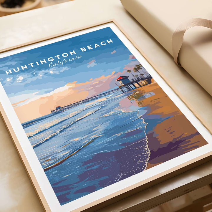Huntington Beach Pier sunset poster showcasing vibrant coastal California colors and serene beach waves.