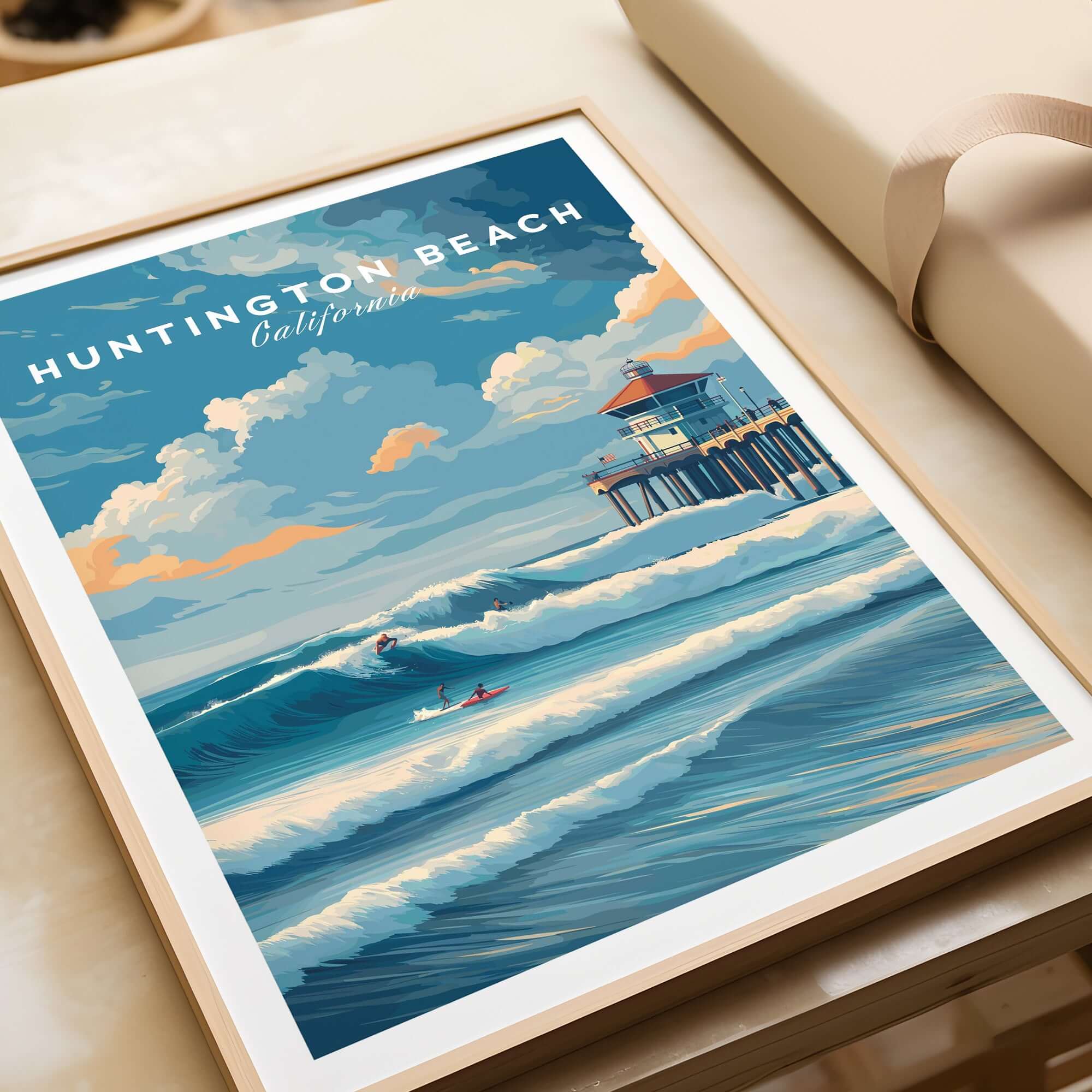Huntington Beach Surfers Catching Waves Print - California Surfing Wall Art, vibrant ocean scene with surfers riding waves.