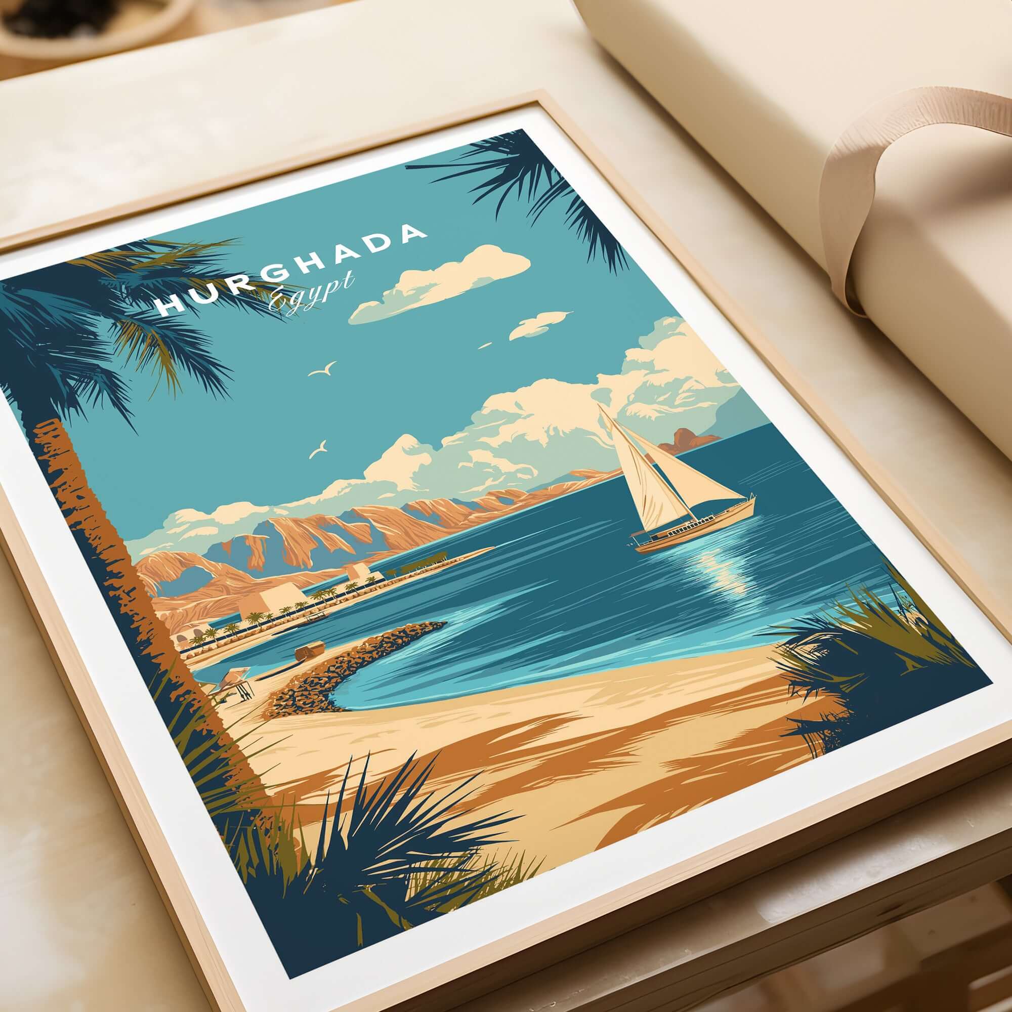 Hurghada Egypt Red Sea Beach Print - Tropical Resort Wall Art featuring a sailboat and scenic beach landscape.