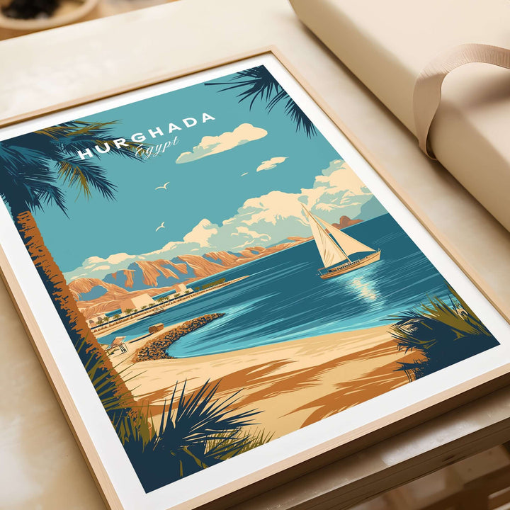 Hurghada Egypt Red Sea beach print featuring a sailboat and tropical scenery, perfect wall art for coastal decor.
