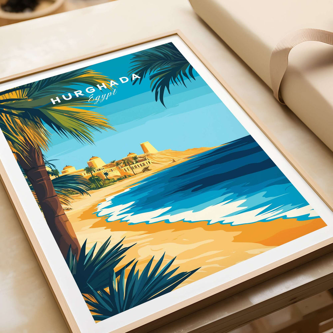 Hurghada Egypt beach poster depicting serene coastline and vibrant waters of the Red Sea.