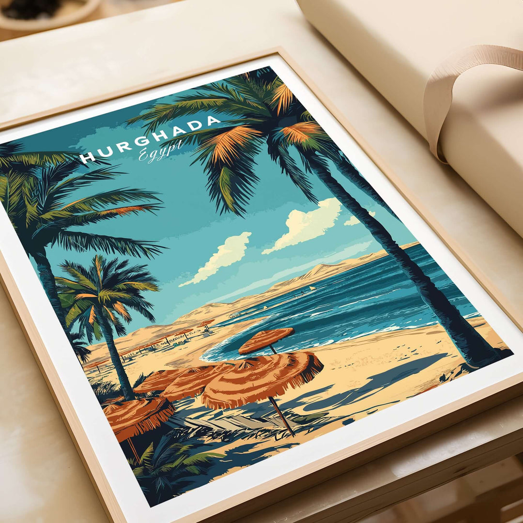 Framed Hurghada Egypt print featuring tropical beach scene with palm trees and straw umbrellas.
