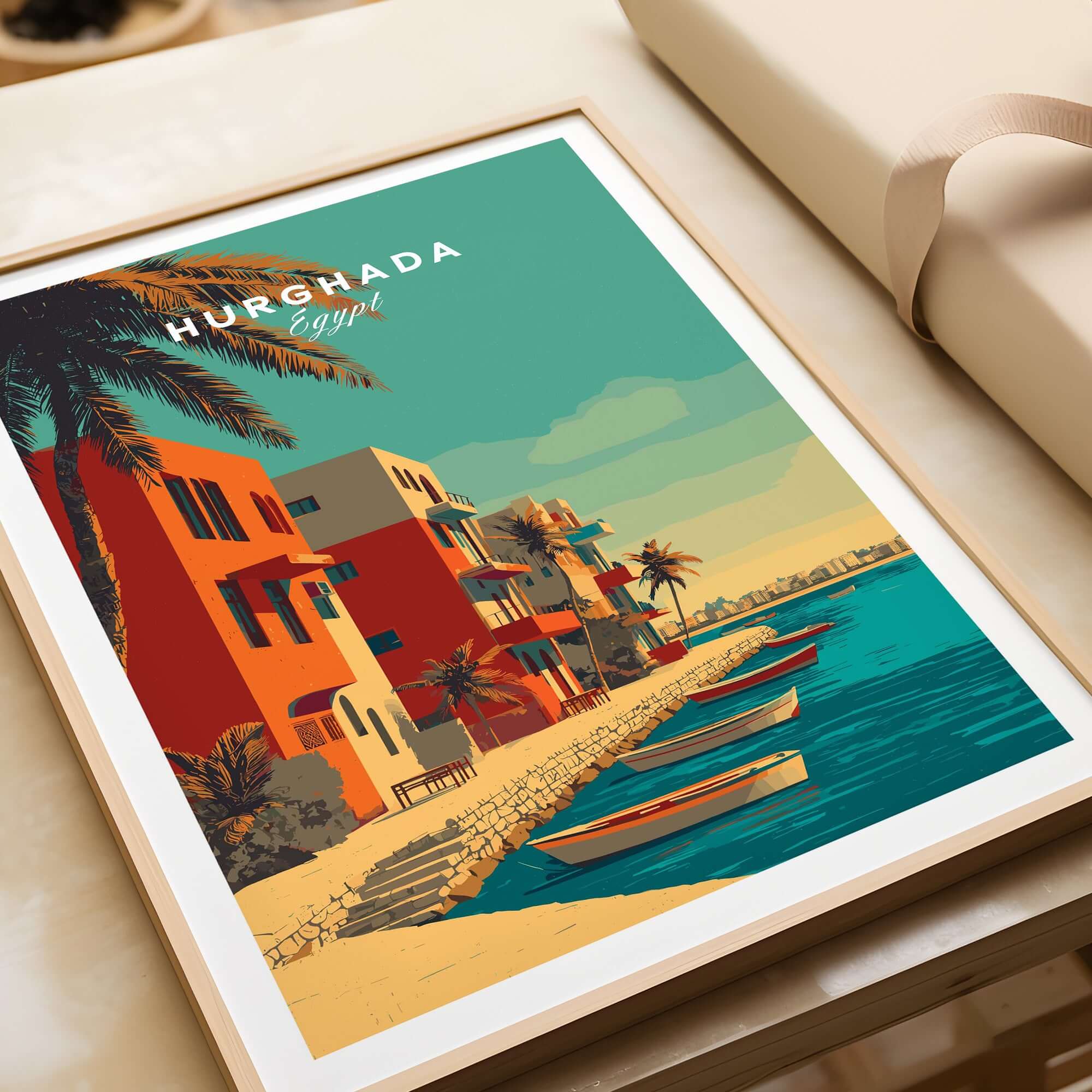 Hurghada Egypt Poster - Red Sea Boats Print featuring vibrant coastal views and colorful buildings.