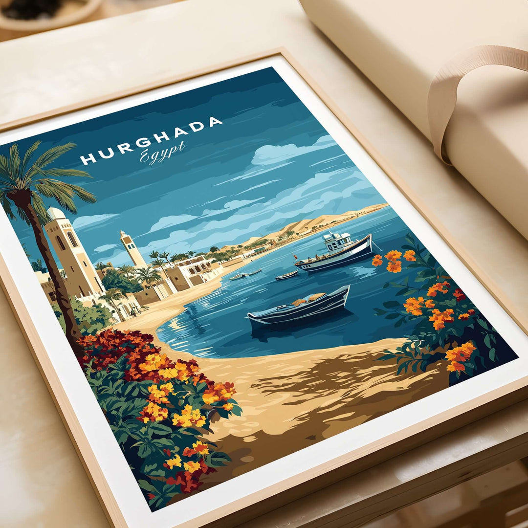 Hurghada print showcasing Egypt's Red Sea with vibrant boats and tropical scenery, perfect for travel wall art.