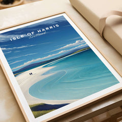 Isle of Harris Scotland Luskentyre Beach Print - White Sand Coastal Wall Art displayed on a table.
