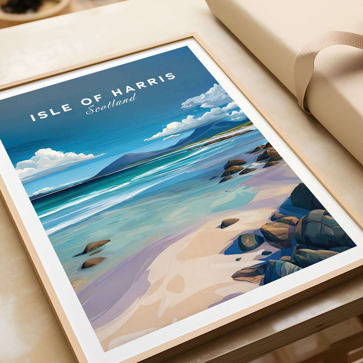 Isle of Harris Scotland wall art featuring a blue sky, beach, and rocky coastline in vibrant colors.