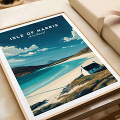 Isle of Harris Scotland Beach House Seascape Poster - Remote Scottish Isle Print framed on a table.