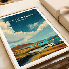 Isle of Harris Print Scotland Coastal Cottage Landscape - Rolling Hills Wall Art featuring a serene coastal scene.