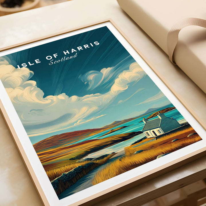 Isle of Harris print showcasing a coastal cottage under vibrant skies, perfect for wall art enthusiasts.
