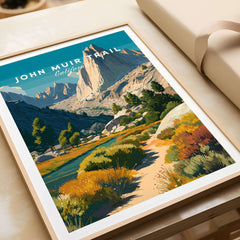 John Muir Trail California Sierra Nevada Mountain Print - Wilderness Hiking Wall Art displayed in a rustic frame.
