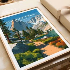 John Muir Trail California Lakeside Mountain Trail Poster - Wilderness Landscape Print featuring serene nature.