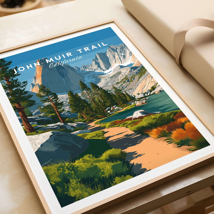 John Muir Trail poster showcasing a stunning lakeside mountain landscape in California, ideal for nature lovers.