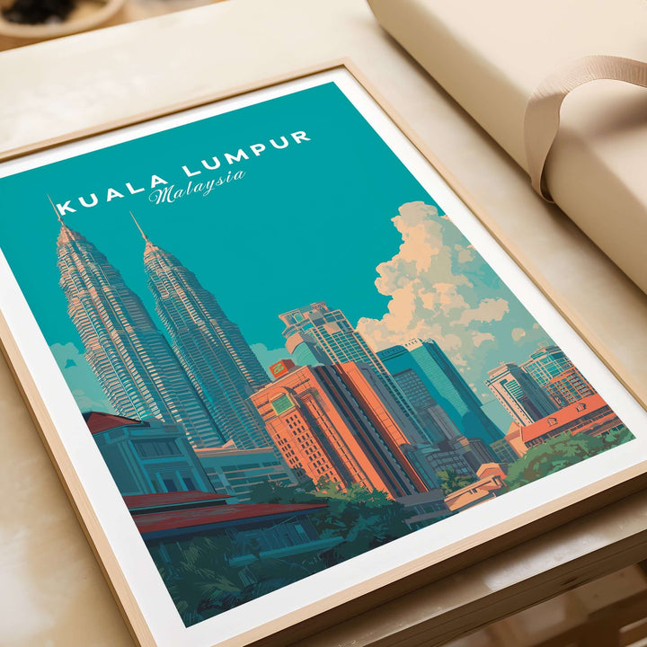 Kuala Lumpur Malaysia print featuring Petronas Towers skyline in vibrant colors, modern city wall art for urban decor.