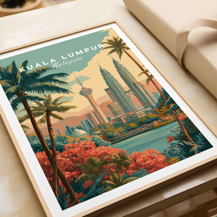 Kuala Lumpur cityscape print featuring Petronas Towers and KL Tower with tropical foliage decor.