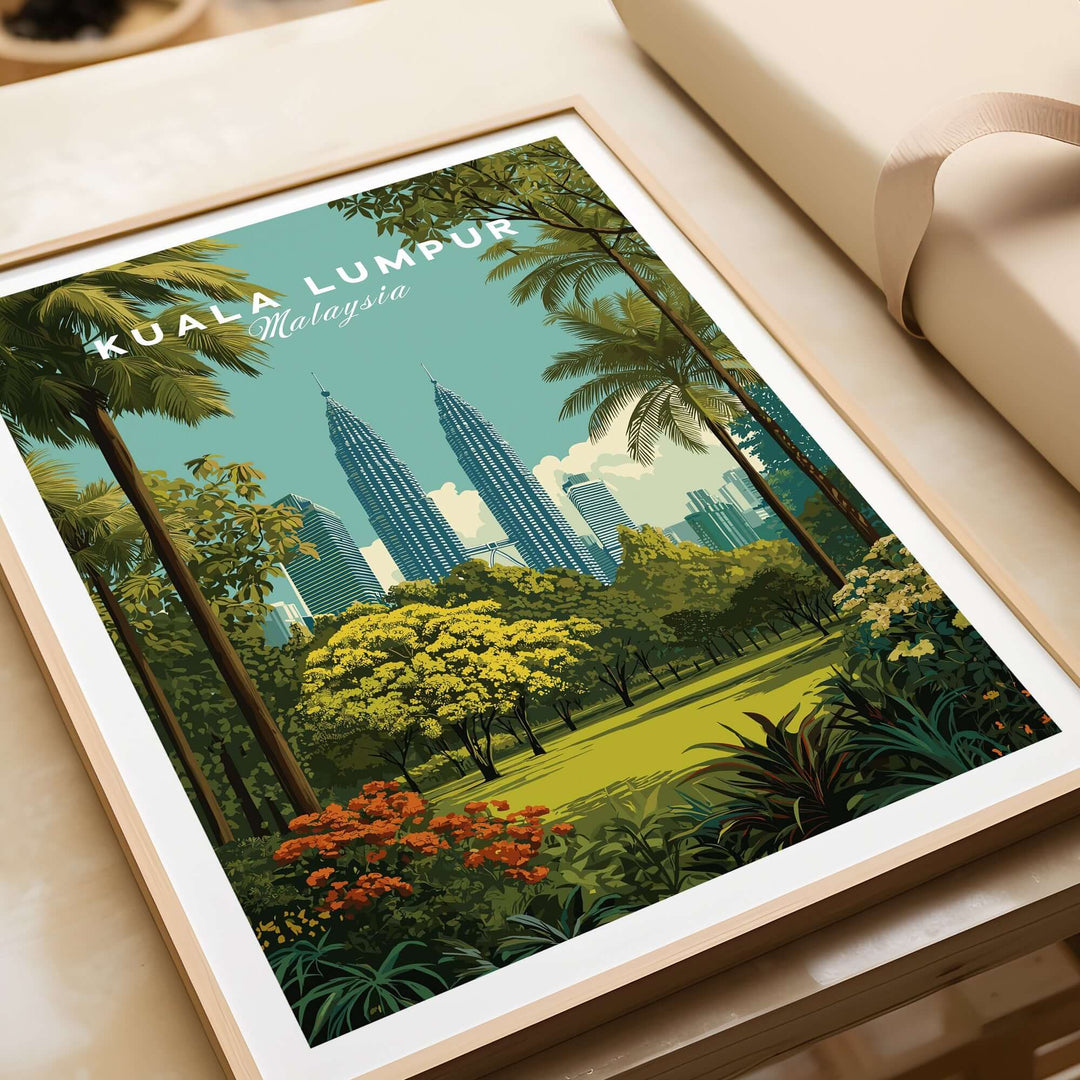 Kuala Lumpur Twin Towers garden print with lush greenery, perfect for urban and nature-themed wall decor.
