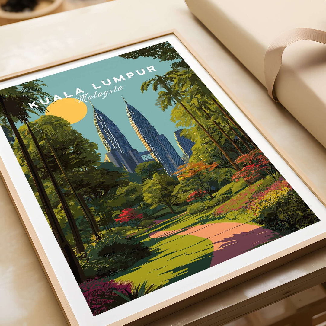 Kuala Lumpur Malaysia poster featuring Petronas Towers and a serene park path, modern wall art for city lovers.