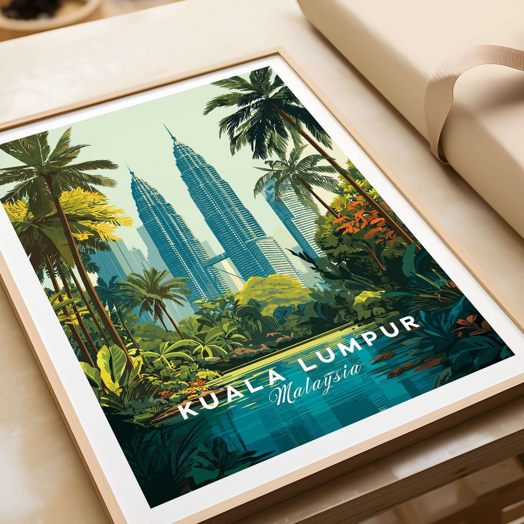 Kuala Lumpur Twin Towers print featuring lush greenery in a vibrant tropical cityscape.