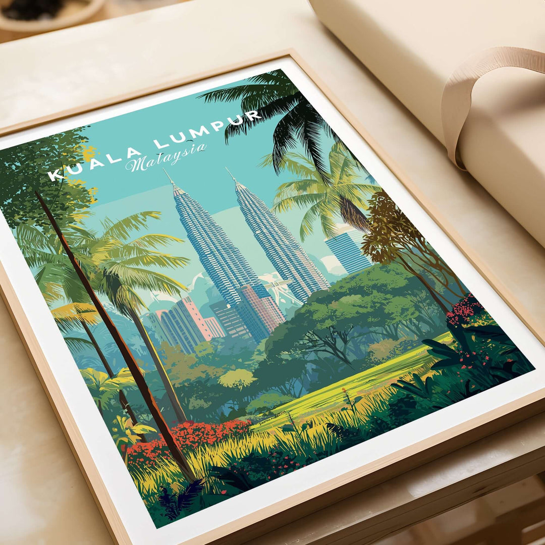 Kuala Lumpur Petronas Towers print featuring skyscrapers and lush greenery, modern wall art for urban decor.