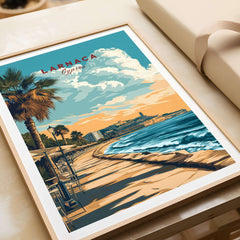Larnaca Print Cyprus Beachfront Promenade - Mediterranean Coastal Wall Art showcasing a vibrant seaside scene and palm trees.