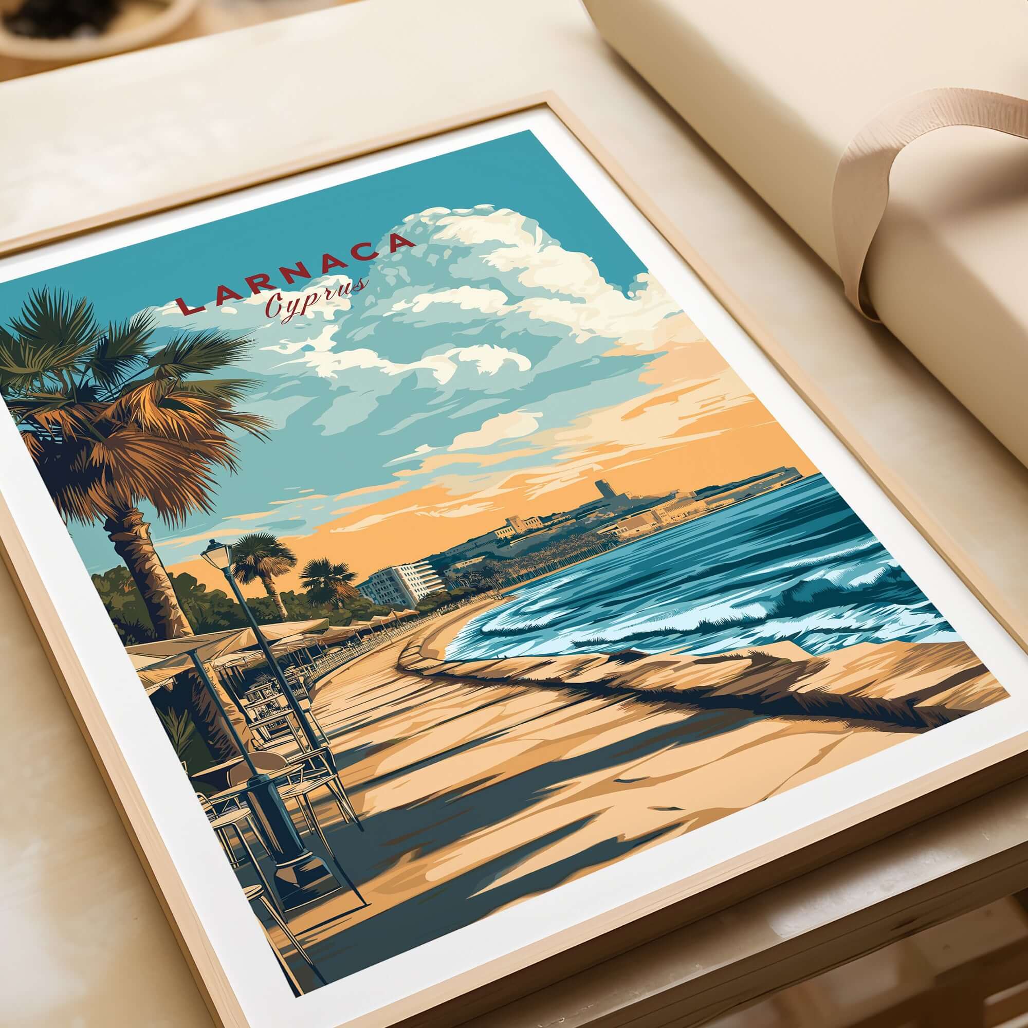Larnaca Print Cyprus Beachfront Promenade - Mediterranean Coastal Wall Art showcasing a vibrant seaside scene and palm trees.