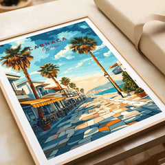 Larnaca Cyprus Poster - Travel Print showcasing a sunlit seaside promenade lined with palm trees and vibrant colors.