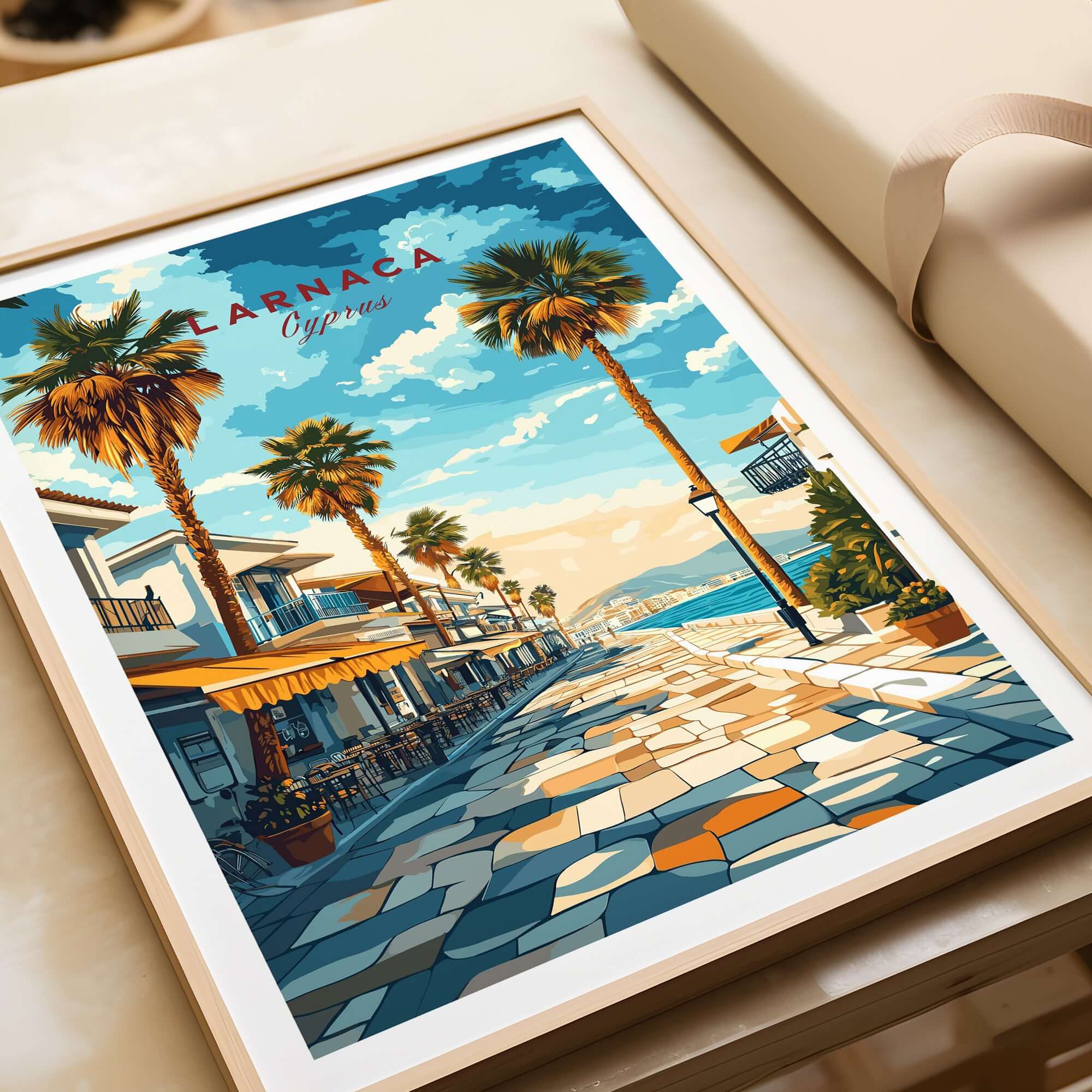Larnaca Cyprus Poster - Travel Print showcasing a sunlit seaside promenade lined with palm trees and vibrant colors.