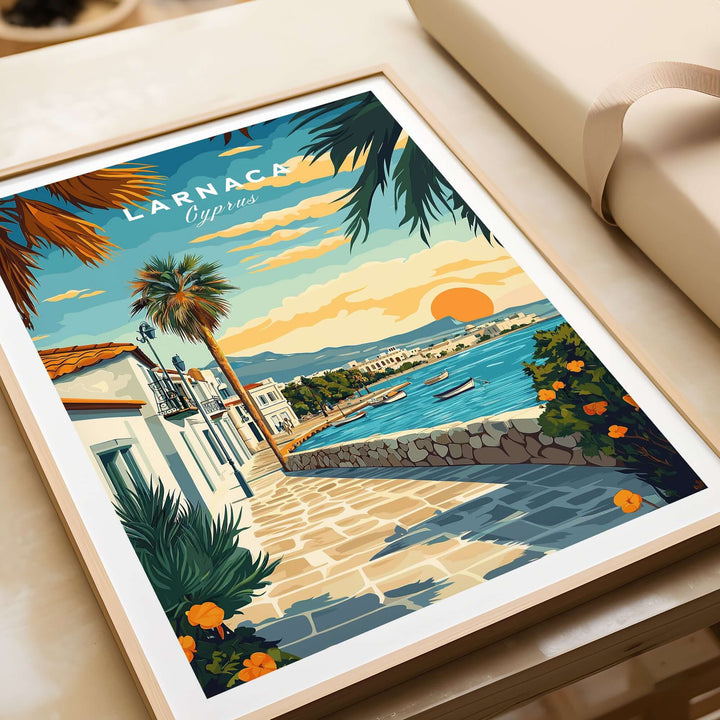 Larnaca Cyprus sunset print showcasing vibrant Mediterranean seascape with palm trees and a tranquil coastal path.