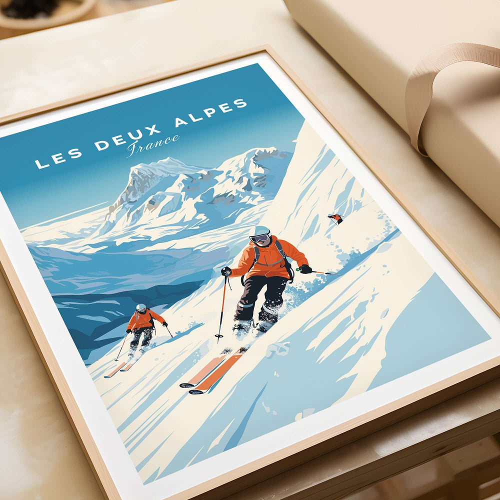 Les Deux Alpes travel poster depicting skiers on snowy slopes with stunning mountain scenery, perfect for home decor.