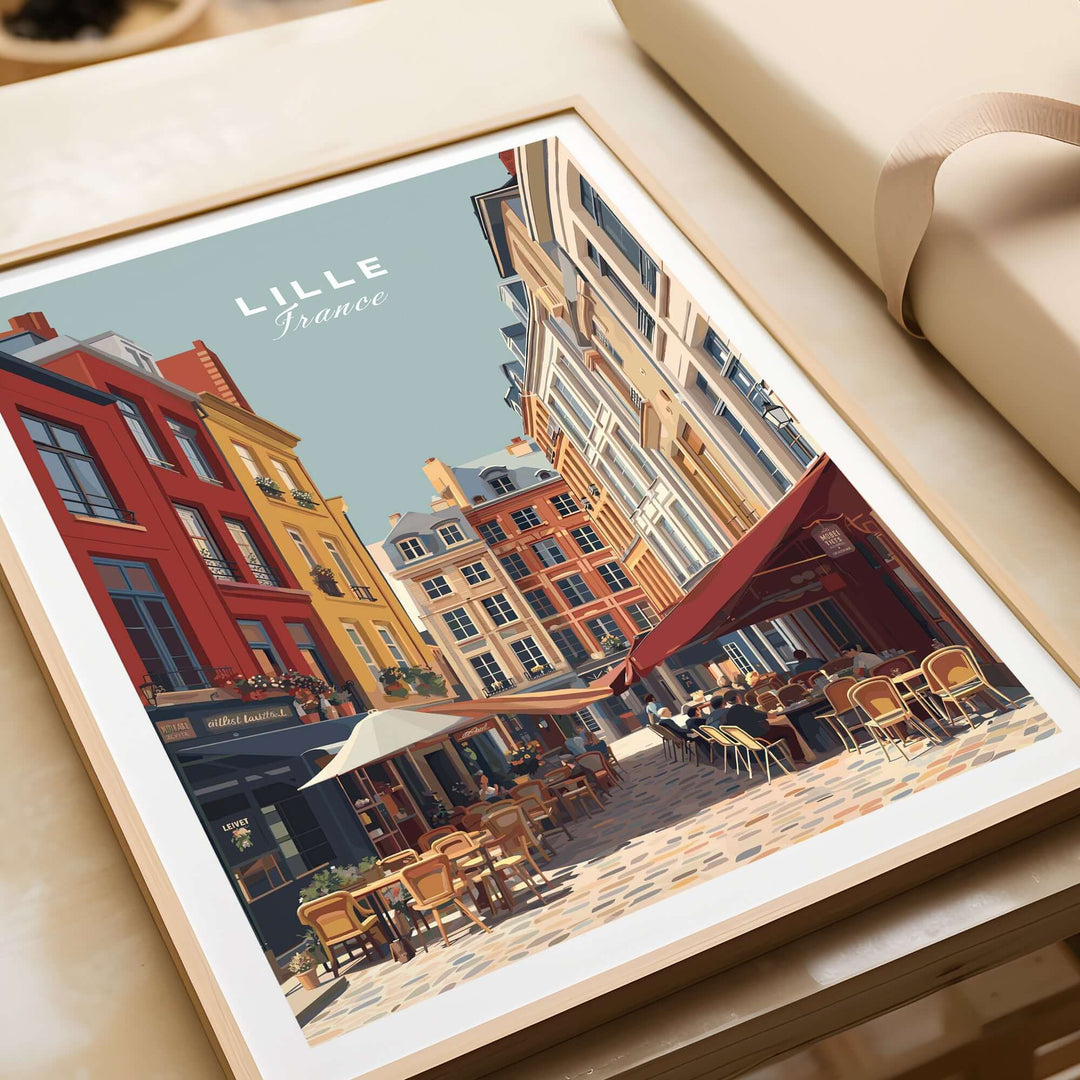 Lille France print showcasing vibrant street scene in historic city center with colorful buildings and outdoor cafes.