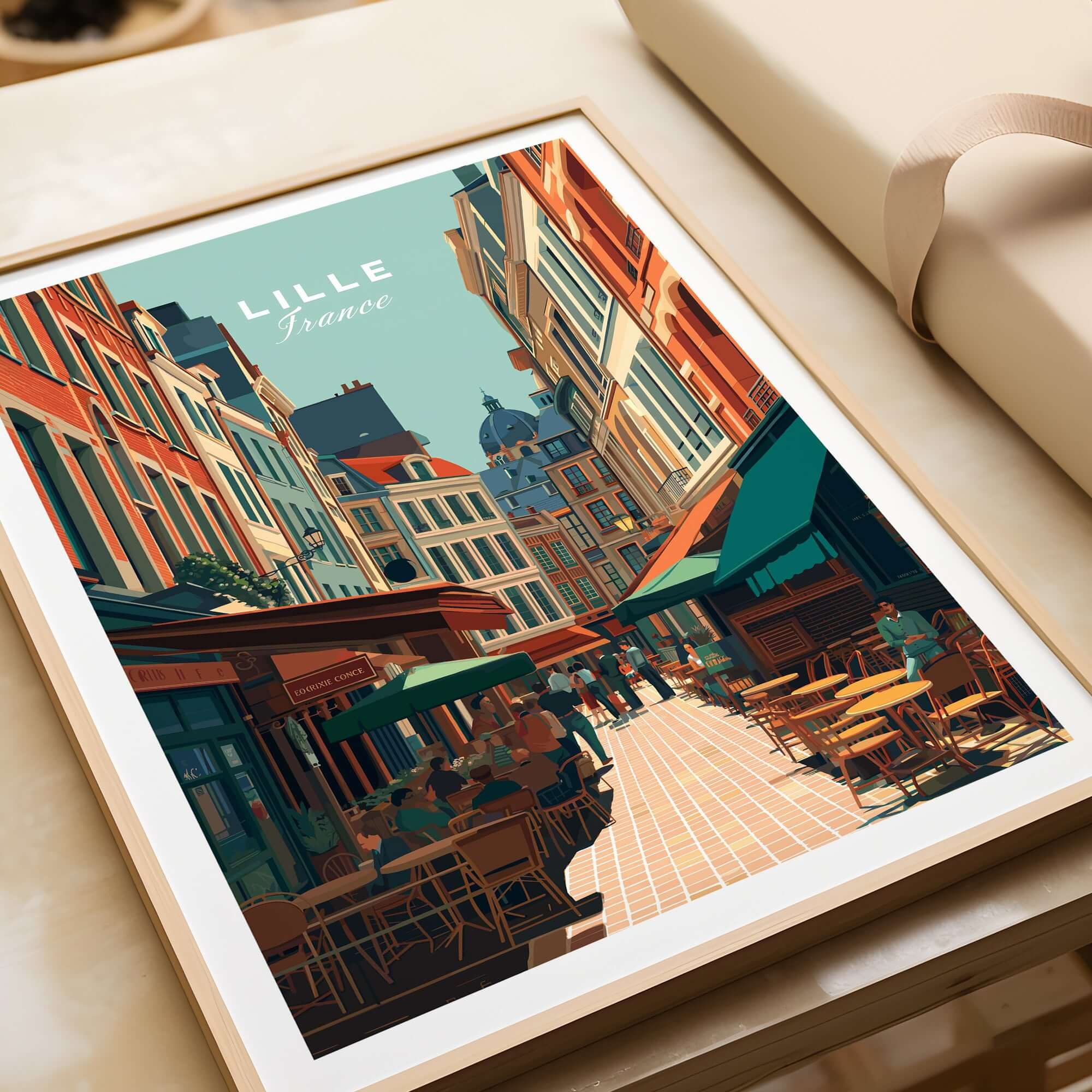 Lille France Old Town Square Poster - Charming European City Print showcasing vibrant street scene in Lille.