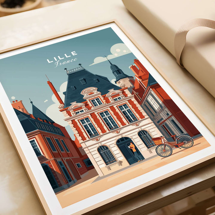 Lille France print featuring historic architecture and charming buildings, perfect for wall art lovers.