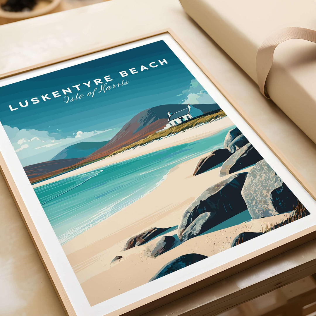 Luskentyre Beach poster featuring white sand, rocks, and scenic Isle of Harris landscape, perfect Scottish island wall art.