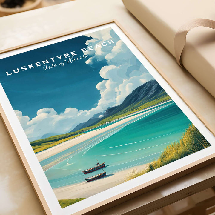 Luskentyre Beach print featuring turquoise waters and sandy shoreline, Isle of Harris coastal landscape decor.