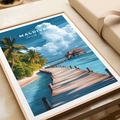 Maldives Travel Print - Beach Scene featuring a wooden pier and tropical landscape, perfect for home decor.
