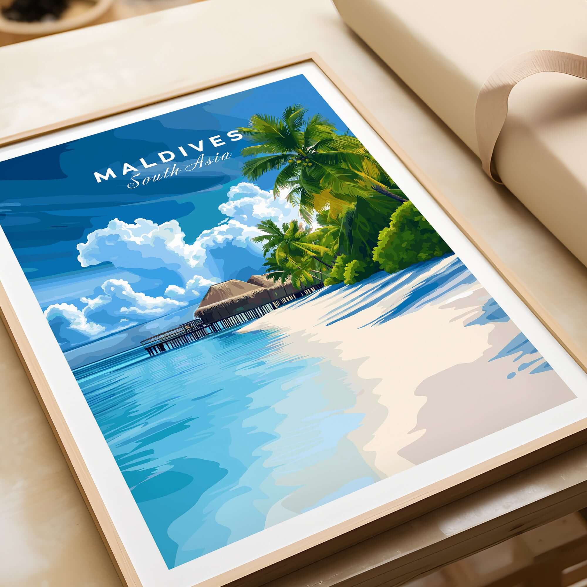 Maldives Print - Tropical Beach artwork showcasing serene beach, palm trees, and clear blue water.