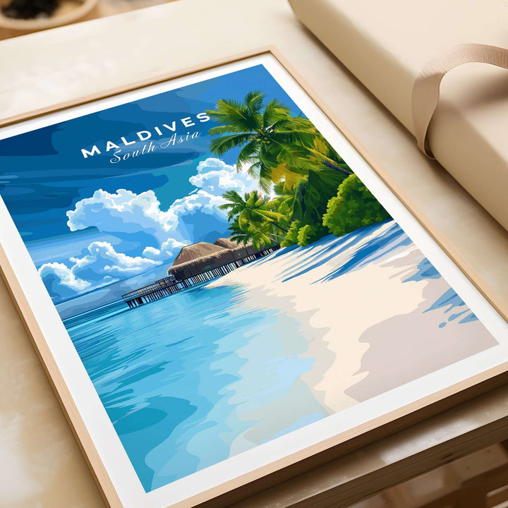 Maldives Print - Tropical Beach showcasing serene blues and vibrant greens for a tropical getaway atmosphere.