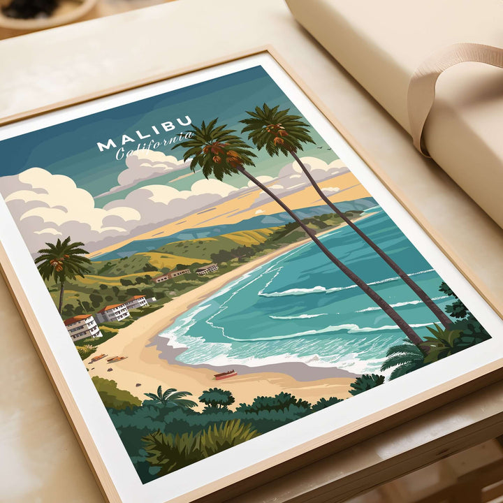 Malibu California print showcasing palm trees and beach waves, perfect beach wall art for coastal lovers.
