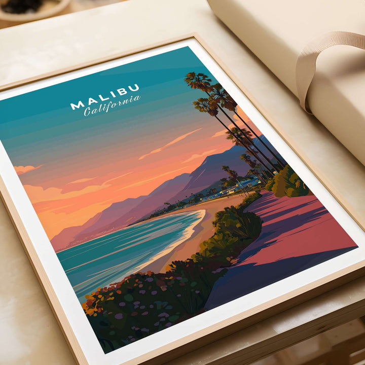Malibu California beach sunset print with palm trees and coastal view, colorful wall art for home decor.